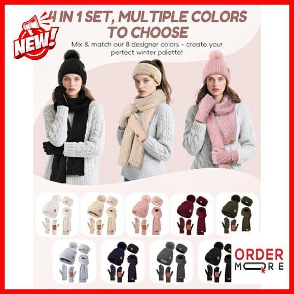 Winter Hat Scarf Gloves Headband Set, Fleece-Lined Pom Pom Beanie Touchscreen main image 7